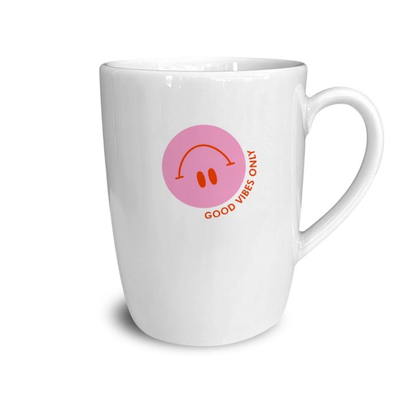 Goldscherben - Becher mit Henkel - "GOOD VIBES ONLY" - weiß/pink