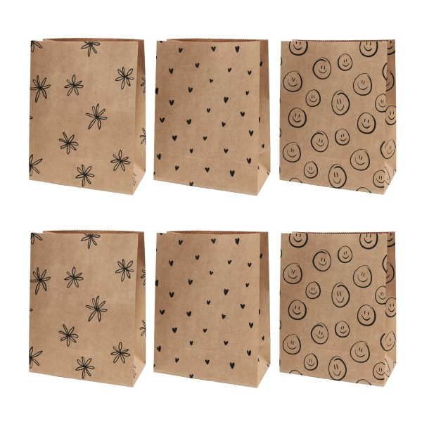 Eulenschnitt - Papiertüten 6er-Set "Herzen/Smileys/Blumen" schwarz - M