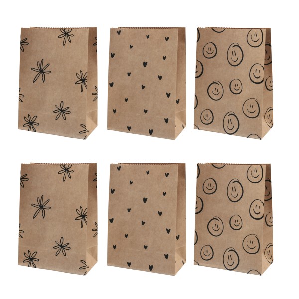 Eulenschnitt - Papiertüten 6er-Set "Herzen/Smileys/Blumen" schwarz - S